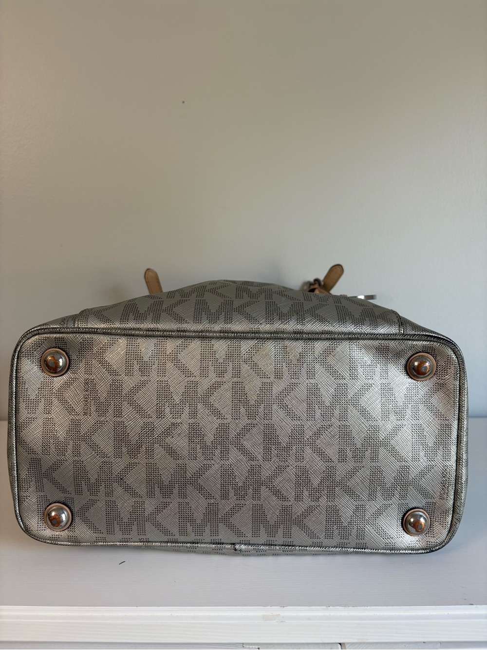 Michael Kors Silver Metallic East West Signature Monogram Chain Tote Bag - Picture 7 of 15